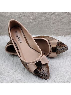 Sophia Taylor Greta Snakeskin Fabric Faux Bow Upper Pointed Toe Slip On Shoe